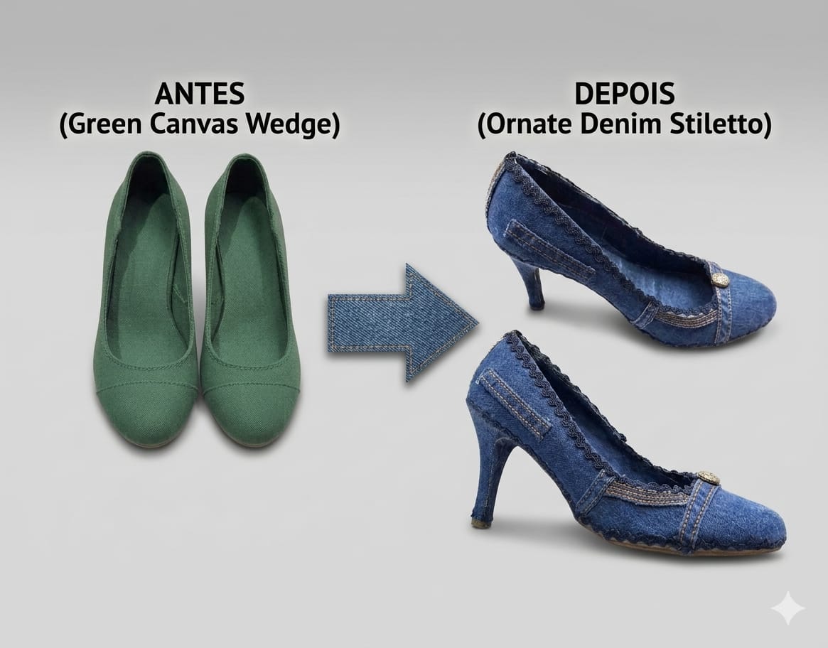 Antes e depois — sapato verde transformado em scarpin denim PennAtelier